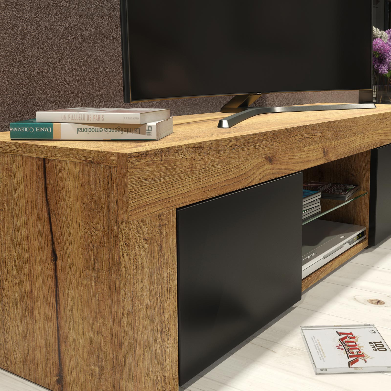 Modern 130cm Oak Matt & Black Matt TV Unit — Contemporary Media Cabinet with Push-to-Open Storage - Image 4