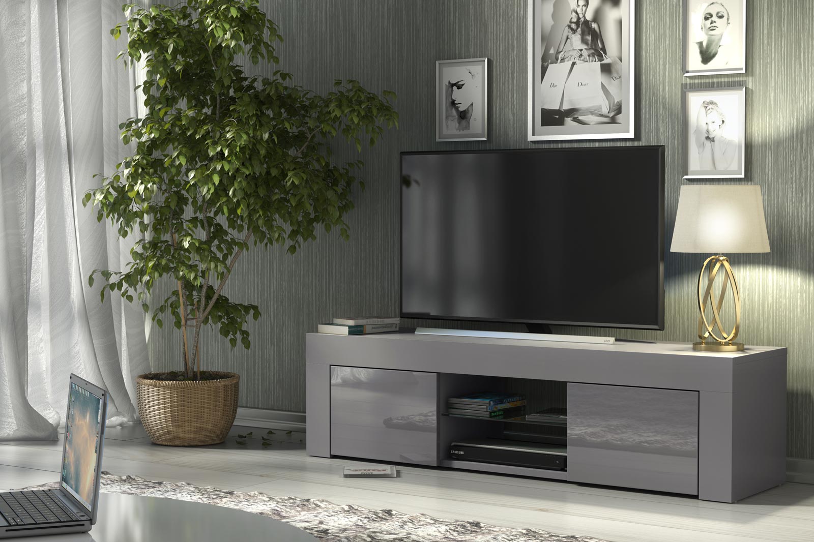 Modern 130cm Grey Matt & Grey Gloss TV Unit — Contemporary Media Cabinet with Push-to-Open Storage - Image 2