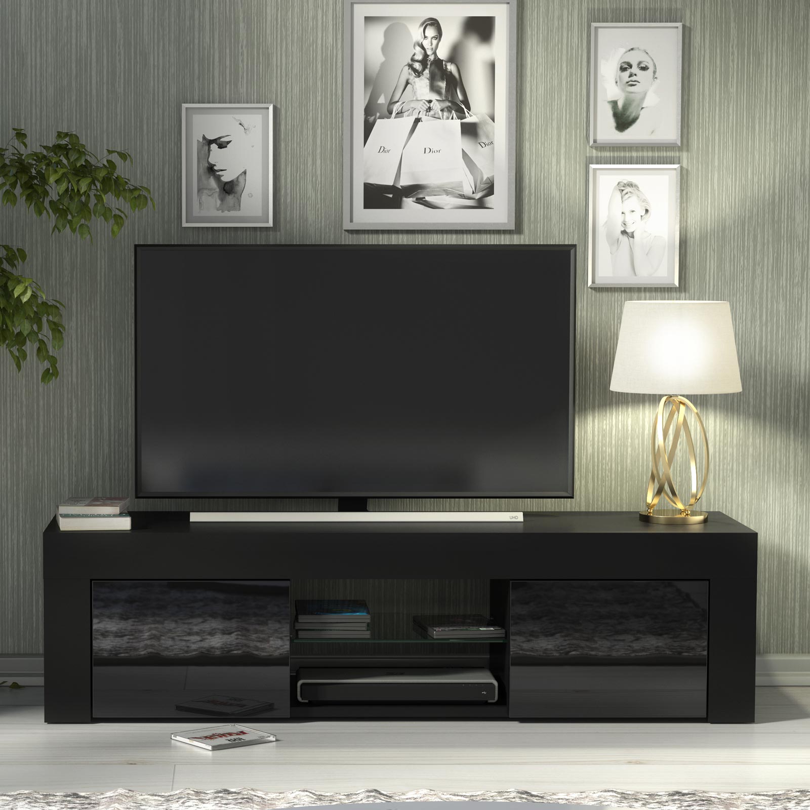 Modern 130cm Black Matt & Black Gloss TV Unit — Contemporary Media Cabinet with Push-to-Open Storage - Image 2