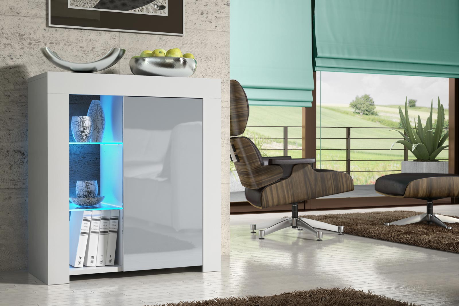 75cm Modern Sideboard White Matt & Grey Gloss with Free LED Lights – Storage Cabinet for Living Room - Image 2