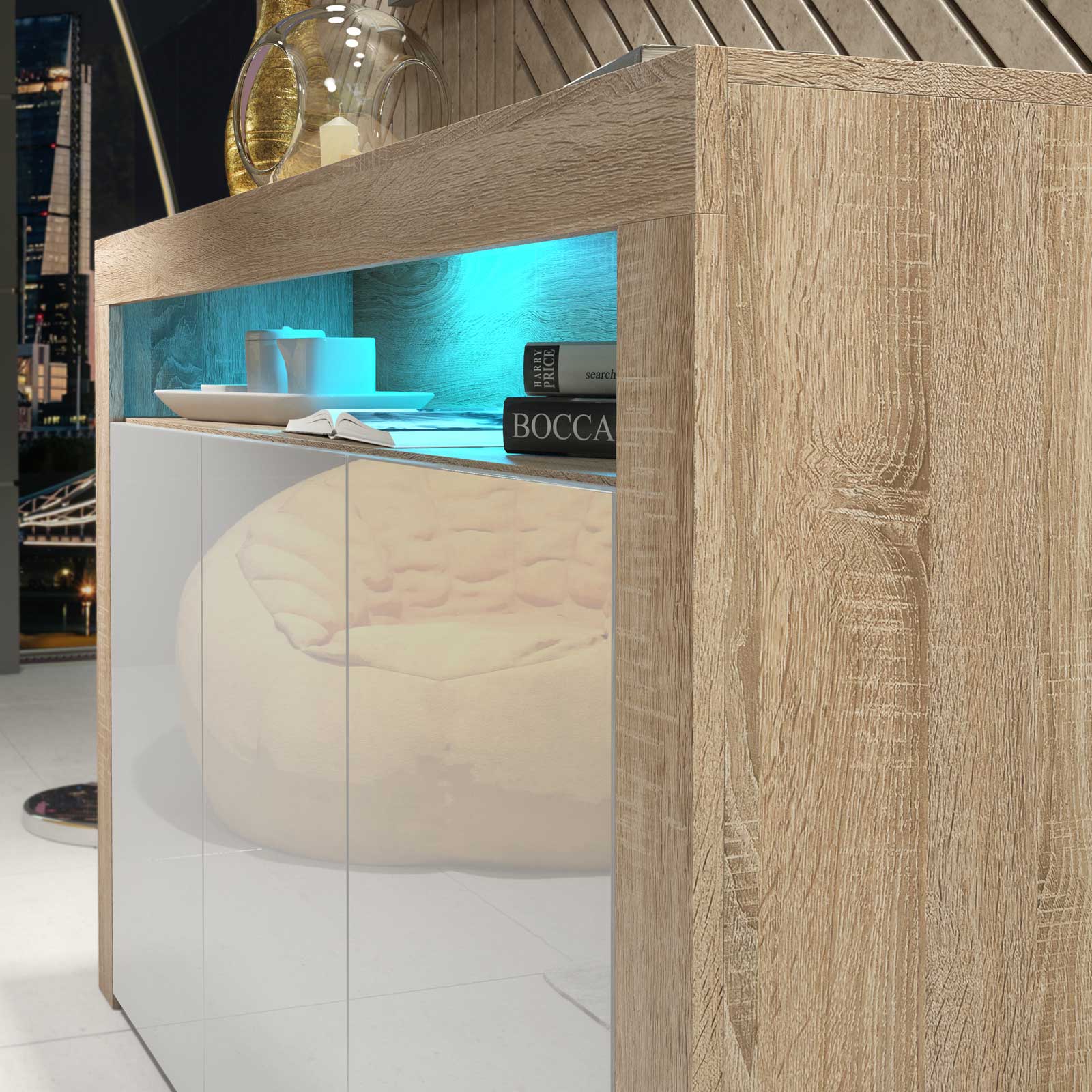 155cm Modern Sideboard Oak Effect & White Gloss with Free LED Lights, 3 Push-to-Open Doors, Contemporary Storage Cabinet for Living Room - Image 4