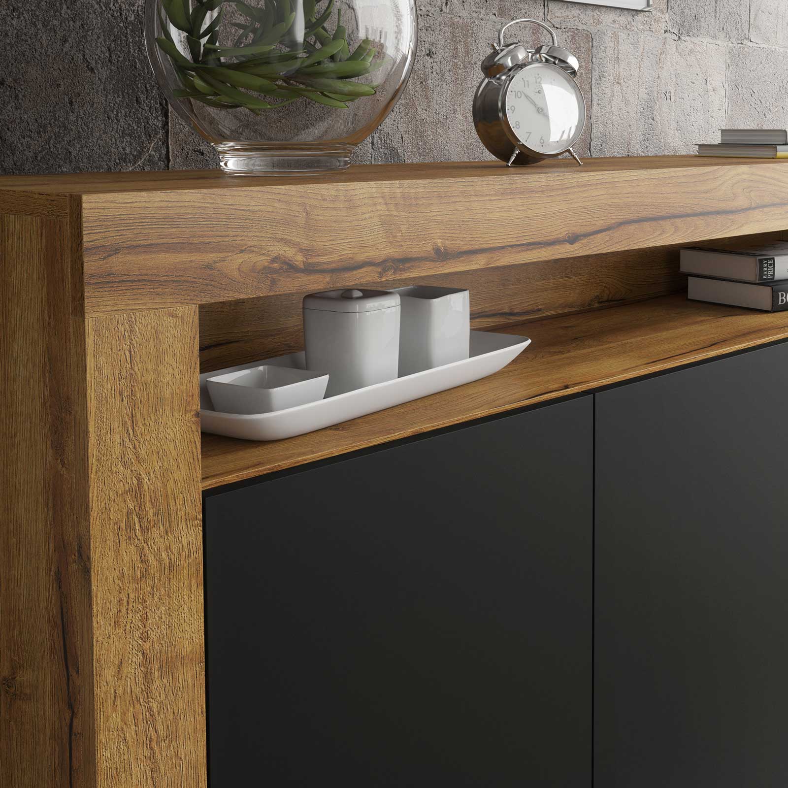 155cm Modern Sideboard Oak Matt & Black Matt, 3 Push-to-Open Doors, Contemporary Storage Cabinet for Living Room - Image 4