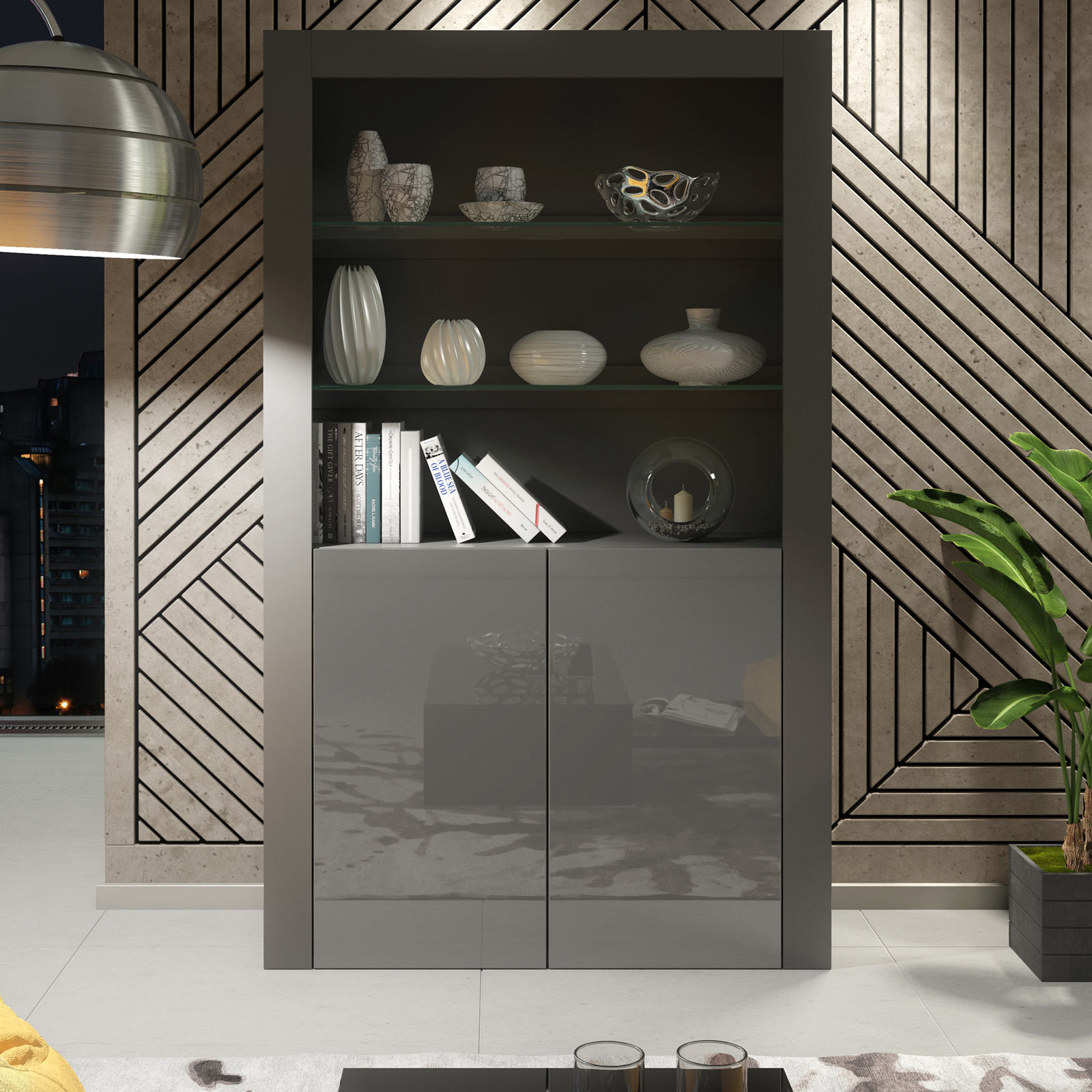100cm Modern Display Cabinet Grey Matt & Grey Gloss, Push-to-Open Doors, Glass Shelves – Living Room Storage Unit - Image 2