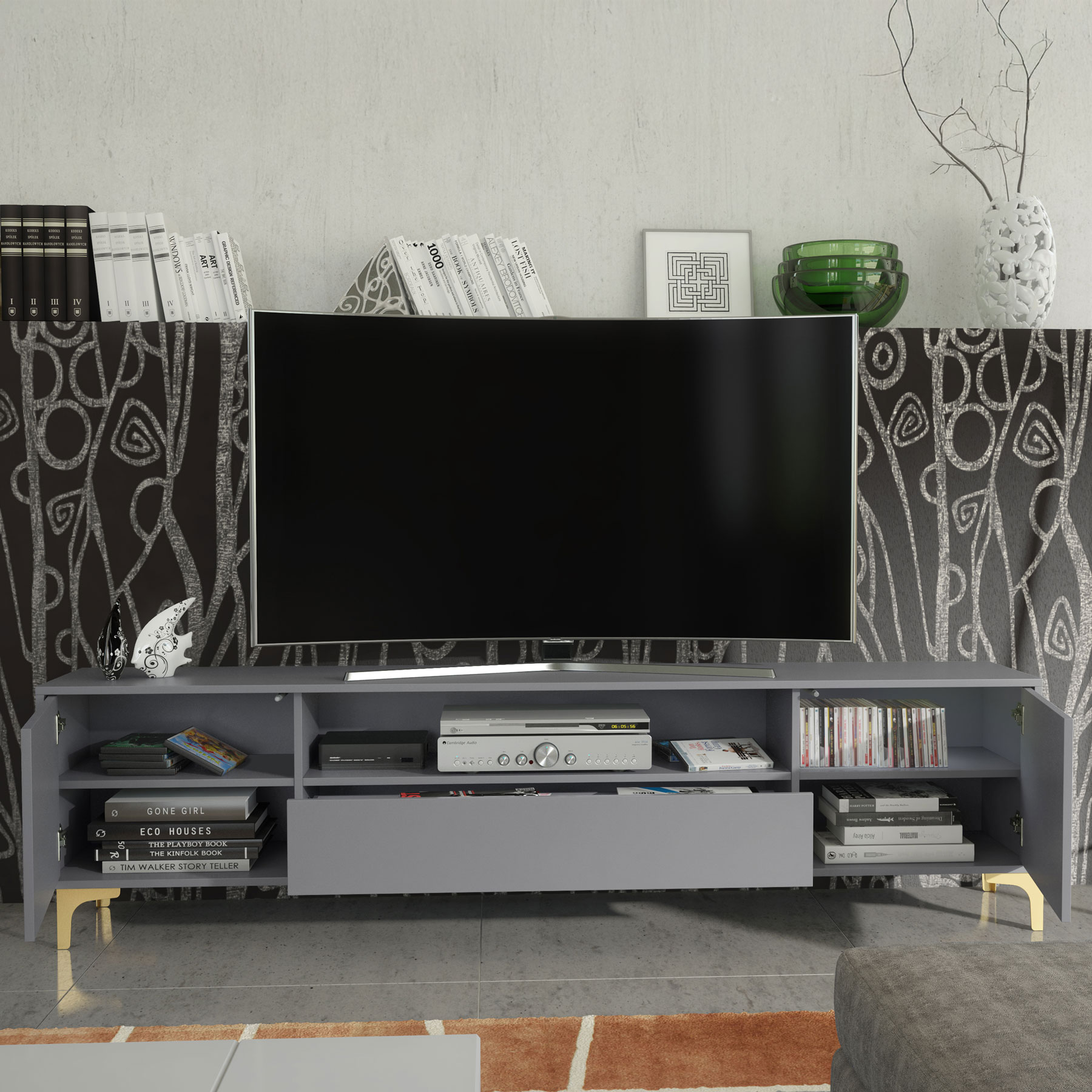 200cm Fluted TV Unit Grey & Gold – Large Modern Media Console with Drawer & Shelf, Ribbed Doors, Gold Handles & Legs - Image 3