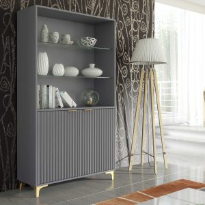 175cm Grey Ribbed Display Cabinet with Gold Handles & Gold Legs – Modern Fluted Storage Unit