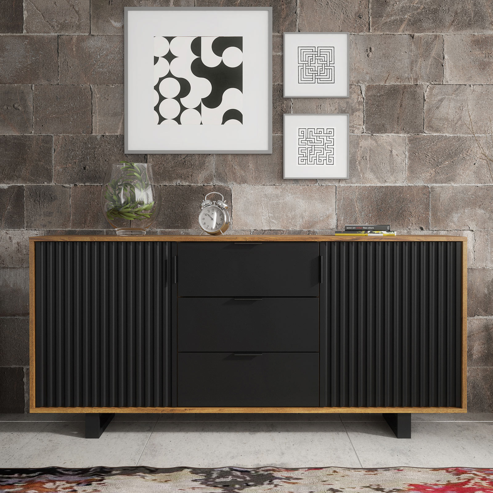 Industrial Oak & Black Matt Sideboard 140cm – Ribbed Fluted Doors, 3 Drawers, Modern Industrial Storage Cabinet - Image 2