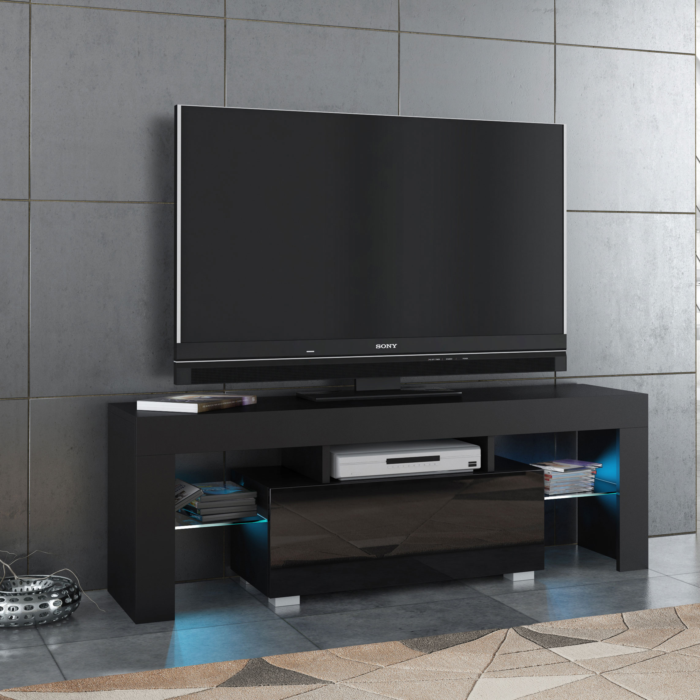 130cm Black Matt & Black Gloss TV Unit with Glass Shelves, Drop-Down Storage & Push-to-Open Doors - Image 2