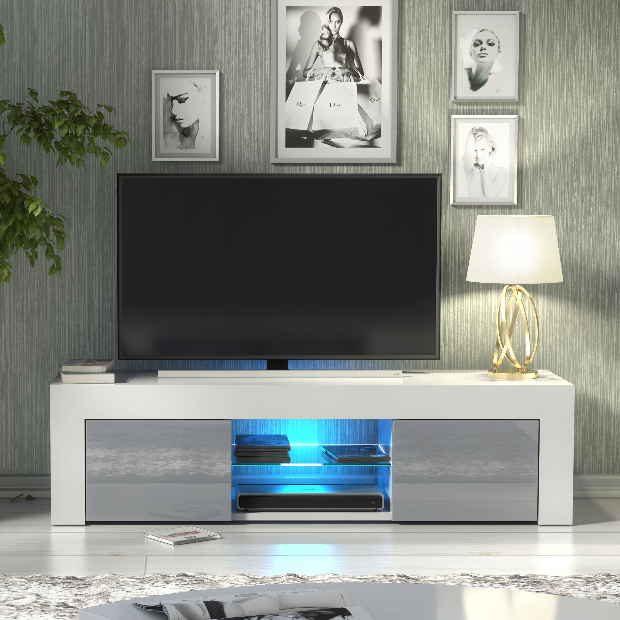 Modern 130cm White Matt & Grey Gloss TV Unit — Contemporary Media Cabinet with Push-to-Open Storage - Image 2