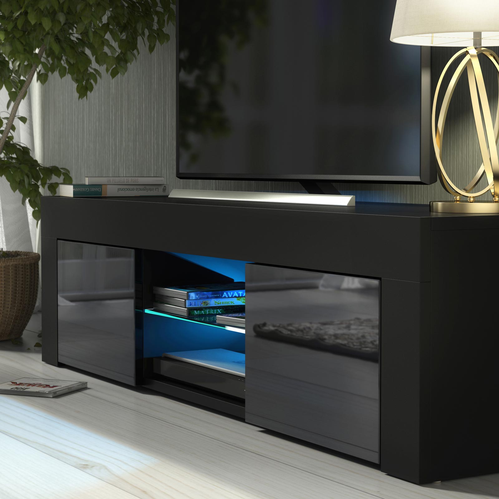 Modern 130cm Black Matt & Black Gloss TV Unit — Contemporary Media Cabinet with Push-to-Open Storage - Image 4
