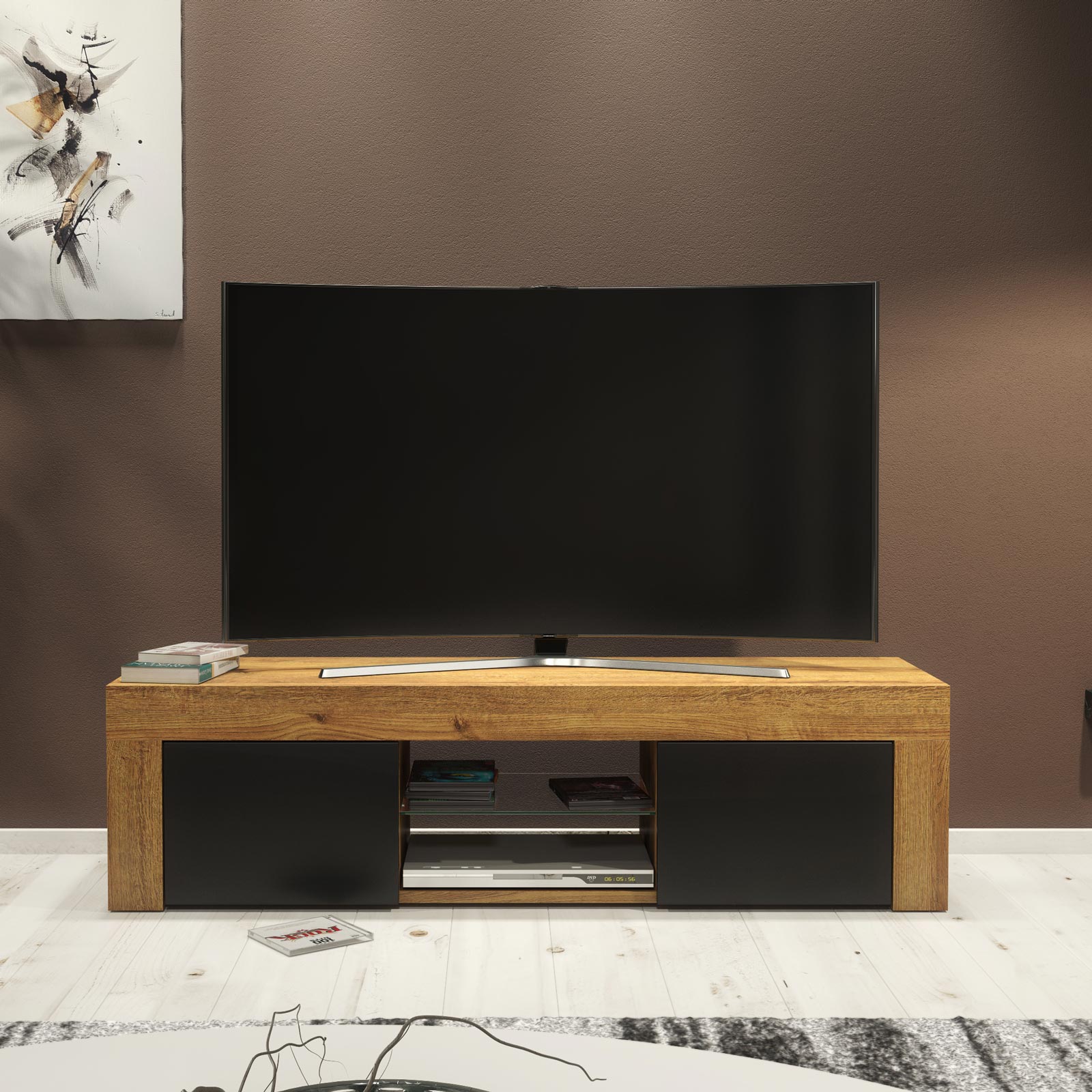 Modern 130cm Oak Matt & Black Matt TV Unit — Contemporary Media Cabinet with Push-to-Open Storage - Image 2