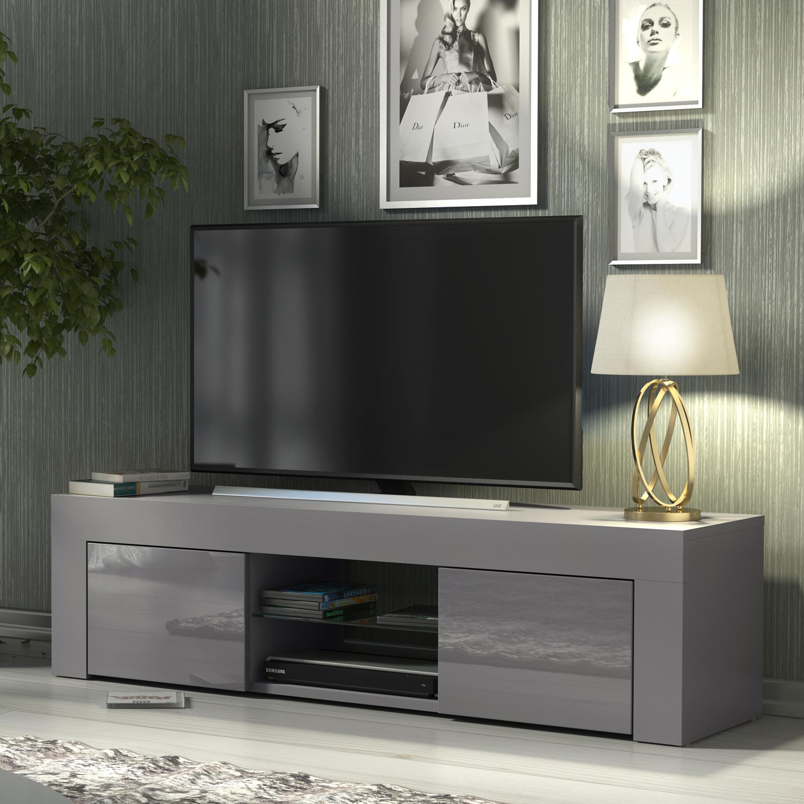 Modern 130cm Grey Matt & Grey Gloss TV Unit — Contemporary Media Cabinet with Push-to-Open Storage