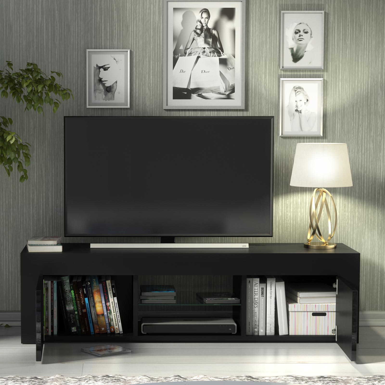 Modern 130cm Black Matt & Black Gloss TV Unit — Contemporary Media Cabinet with Push-to-Open Storage - Image 3