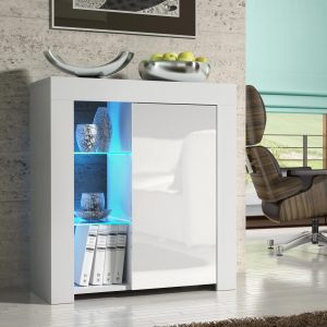 75cm Modern Sideboard Cupboard White Matt & White Gloss with Free LED Display Shelves – Storage Cabinet