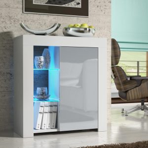 75cm Modern Sideboard White Matt & Grey Gloss with Free LED Lights – Storage Cabinet for Living Room