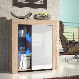 75cm Modern Sideboard Oak Effect & White Gloss with Free LED Lights – Storage Cabinet for Living Room