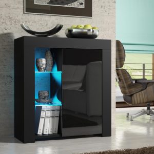 75cm Modern Sideboard Black Matt & Black Gloss with Free LED Lights – Storage Cabinet for Living Room
