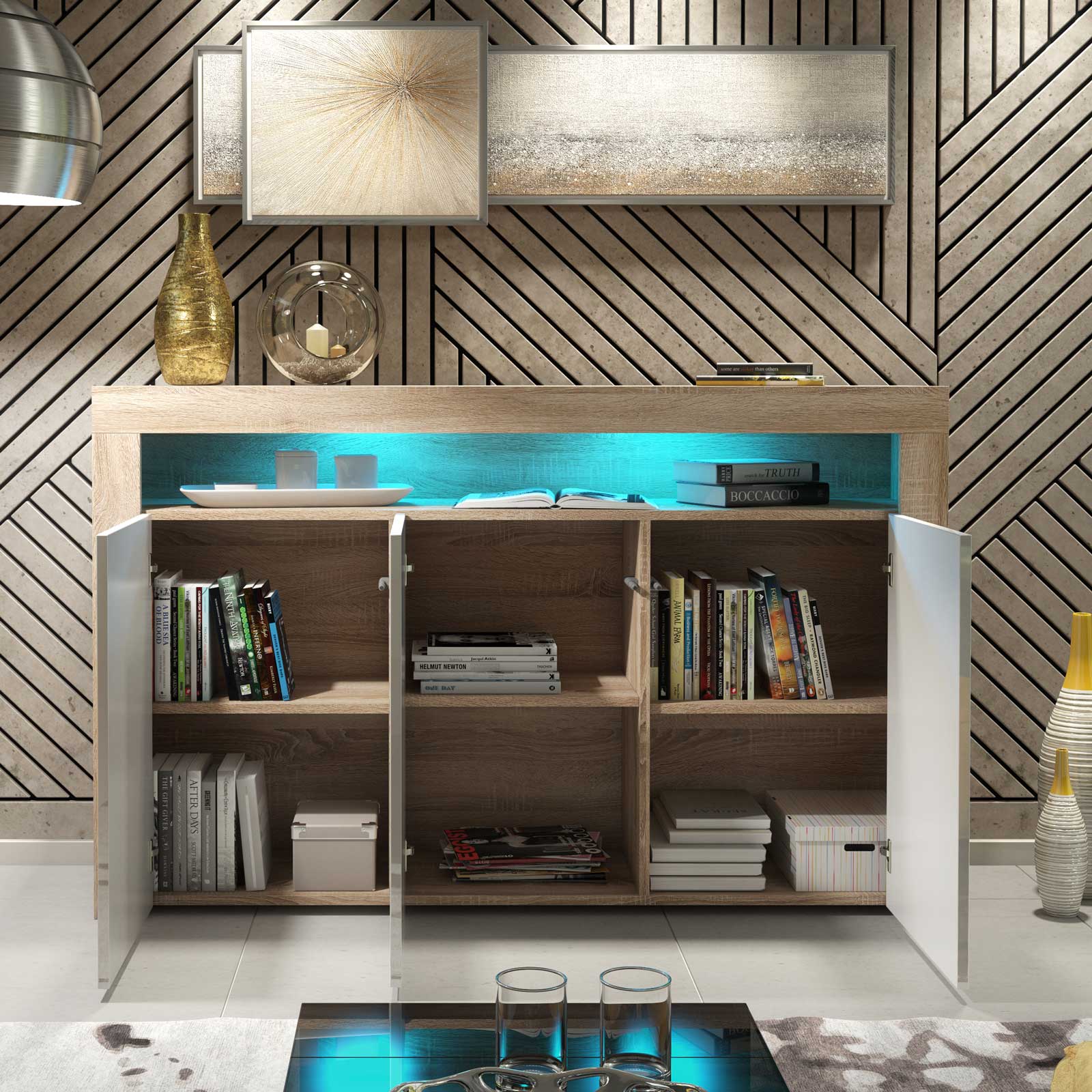 155cm Modern Sideboard Oak Effect & White Gloss with Free LED Lights, 3 Push-to-Open Doors, Contemporary Storage Cabinet for Living Room - Image 3