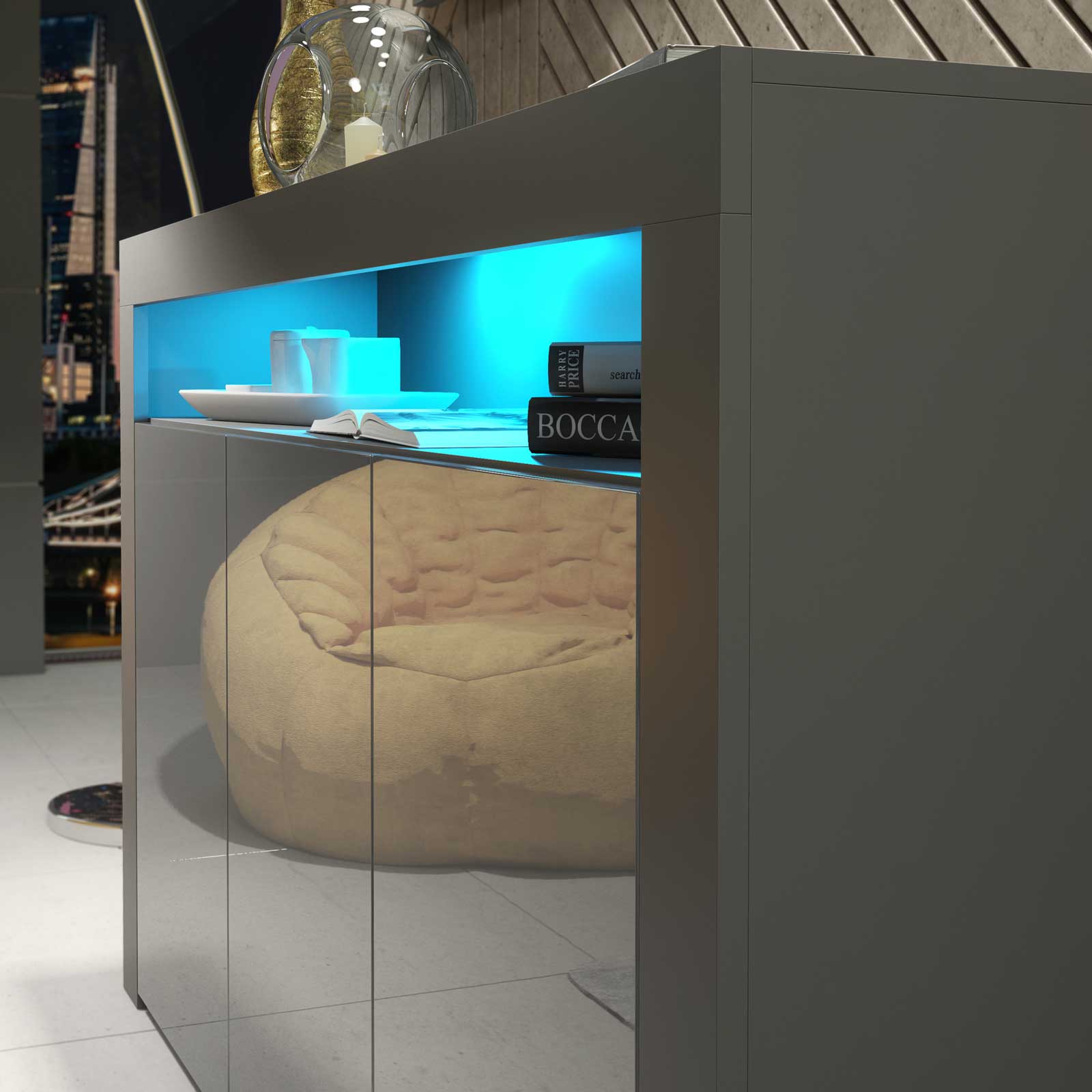 155cm Modern Sideboard Grey Matt & Grey Gloss, 3 Push-to-Open Doors, Free LED Lights, Contemporary Storage Cabinet for Living Room - Image 4