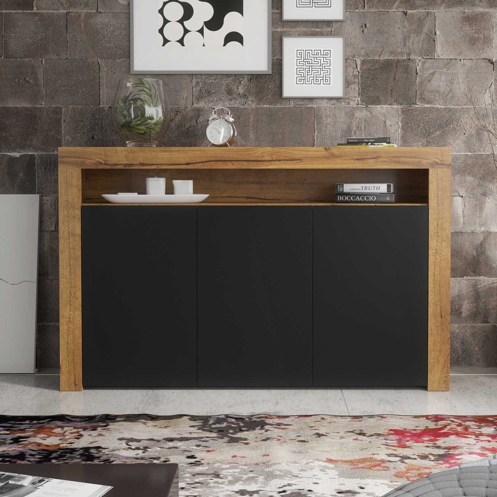 155cm Modern Sideboard Oak Matt & Black Matt, 3 Push-to-Open Doors, Contemporary Storage Cabinet for Living Room - Image 2