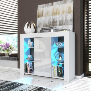 97cm Modern Sideboard White Matt & White Gloss with Free LED Lights, Push-to-Open Door, Glass Display Cabinet – Living Room Storage Unit