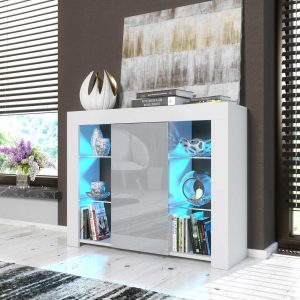 97cm Modern Sideboard White Matt & Grey Gloss with Free LED Lights, Push-to-Open Door, Glass Display Cabinet – Living Room Storage Unit