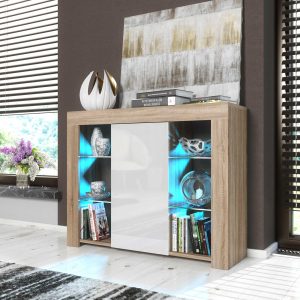 97cm Modern Sideboard Oak Effect & White Gloss with Free LED Lights, Push-to-Open Door, Glass Display Cabinet – Living Room Storage Unit