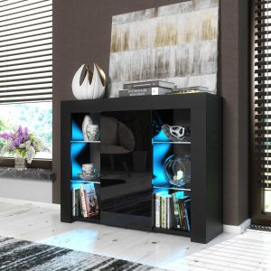 97cm Modern Sideboard Black Matt & Black Gloss with Free LED Lights, Push-to-Open Door, Glass Display Cabinet – Contemporary Storage Unit