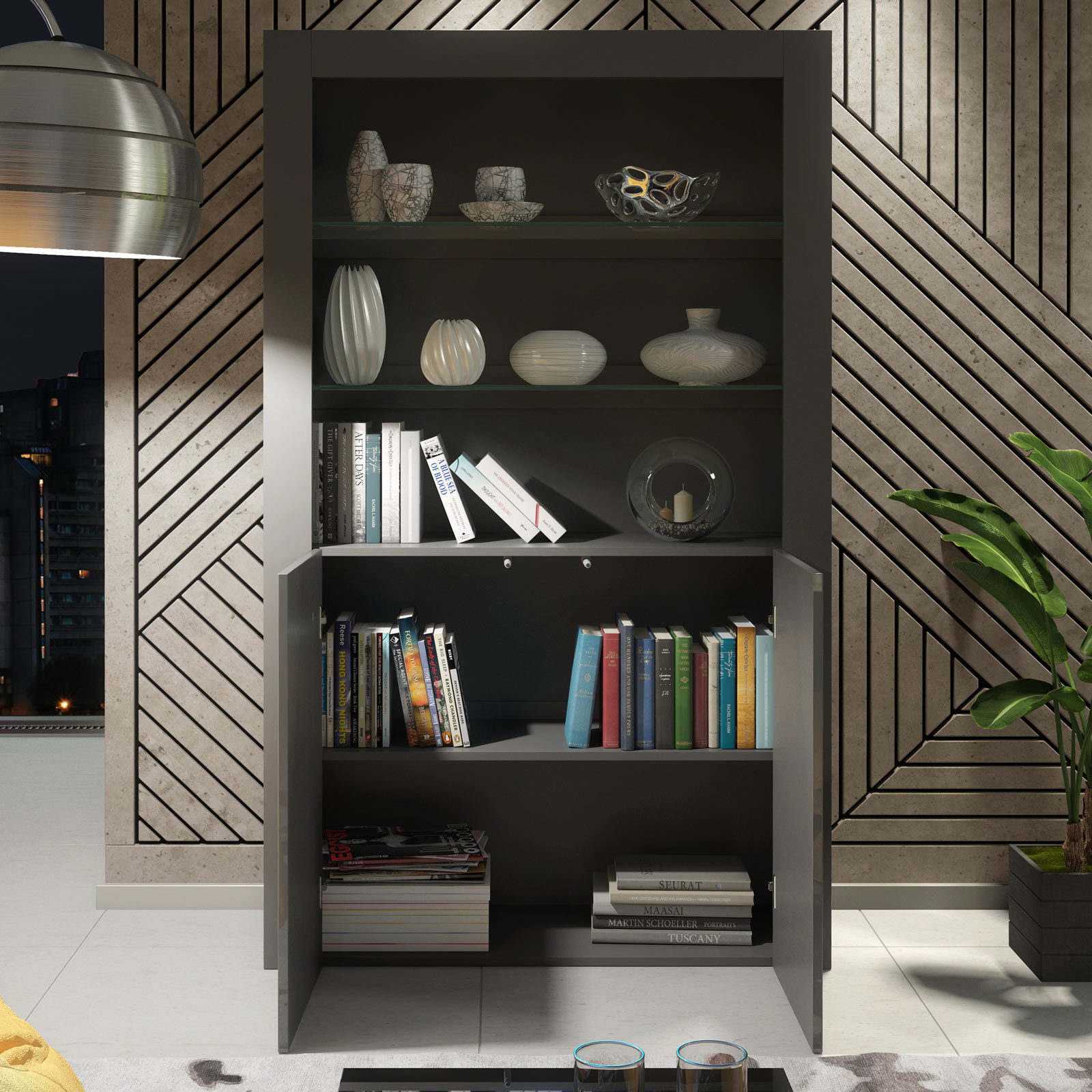 100cm Modern Display Cabinet Grey Matt & Grey Gloss, Push-to-Open Doors, Glass Shelves – Living Room Storage Unit - Image 3