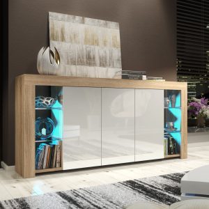164cm Modern Sideboard Oak Matt & White Gloss with Free LED Lights – 3 Push-to-Open Doors, Glass Display Storage Cabinet