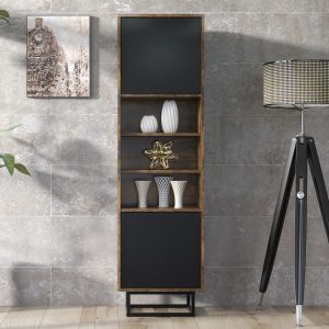 175cm Industrial Oak & Black Display Cabinet with Metal Frame – Tall Push-to-Open Storage Unit for Living Room