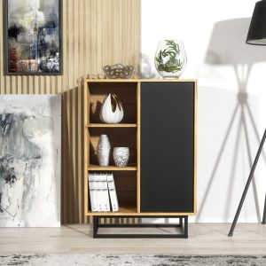 70cm Oak & Black Small Sideboard Cabinet – Oak Body with Black Door – Modern Storage Unit with Push-to-Open Door