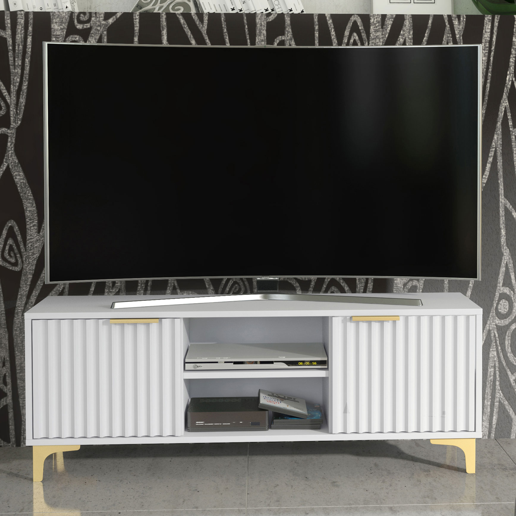 120cm White Fluted TV Unit with Gold Handles & Gold Legs – Modern Ribbed Media Cabinet - Image 5