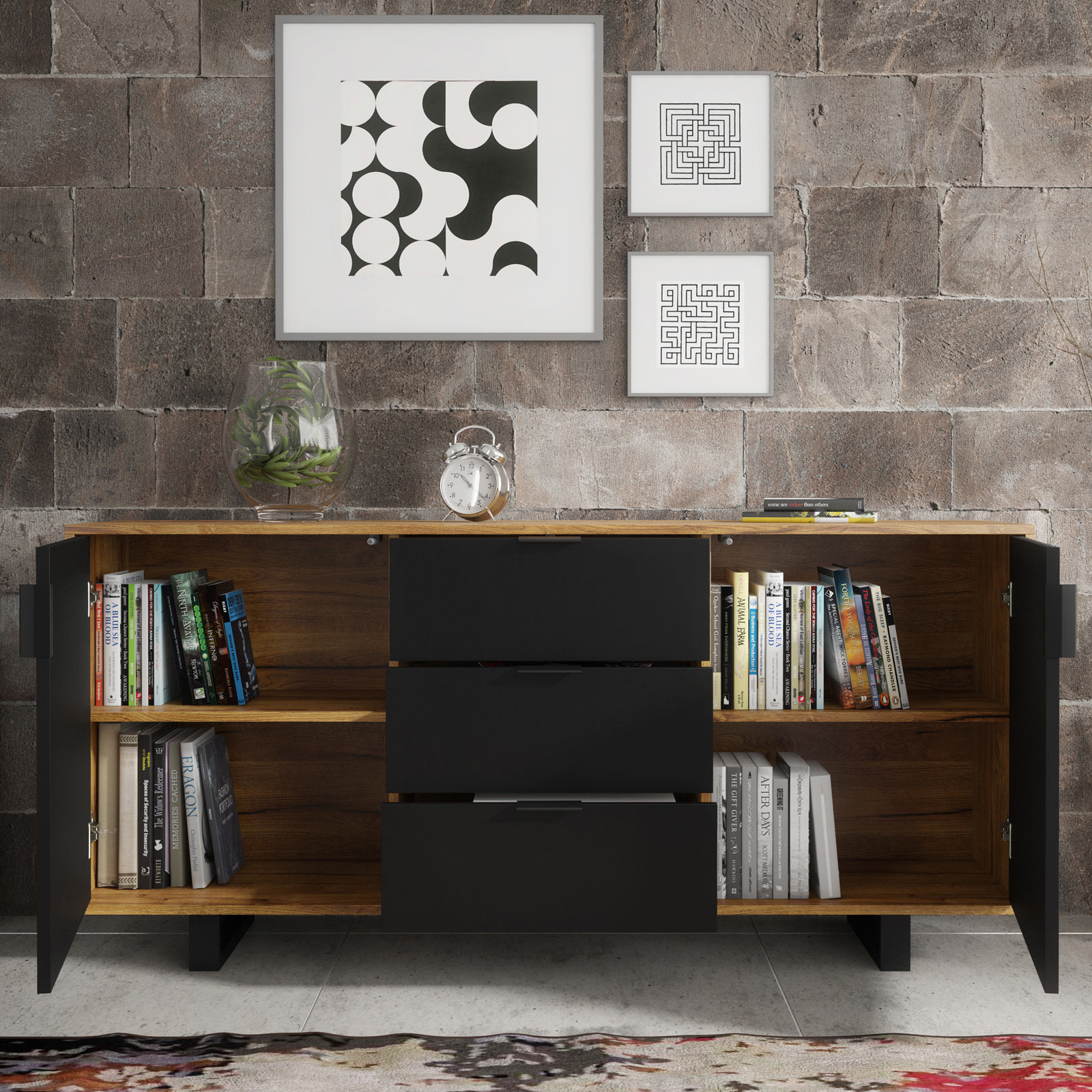 Industrial Oak & Black Matt Sideboard 140cm – Ribbed Fluted Doors, 3 Drawers, Modern Industrial Storage Cabinet - Image 3