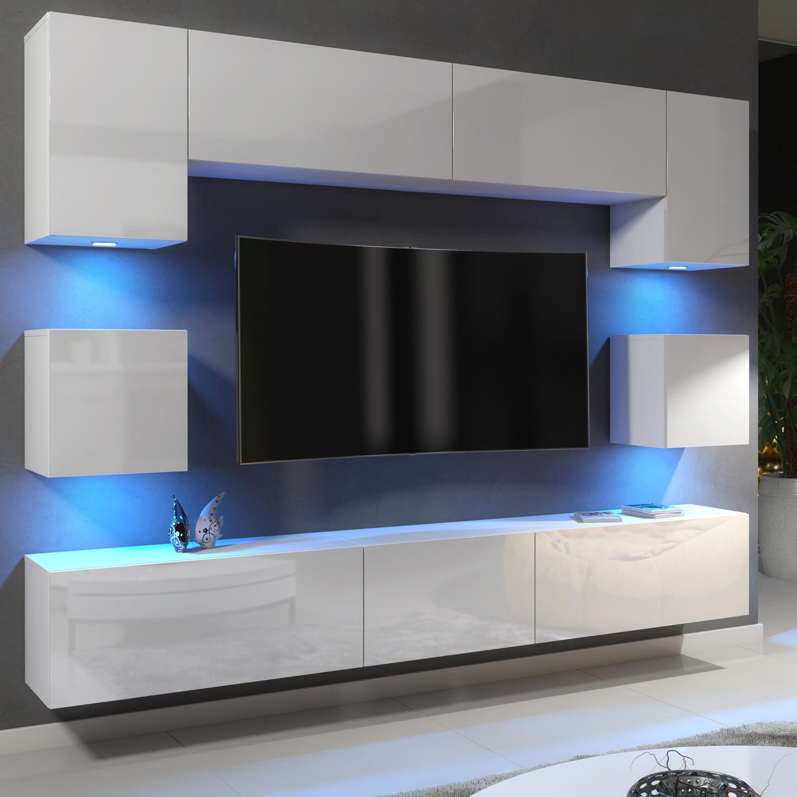 Modern 242cm White Matt & White Gloss Wall Unit – 9 Piece Modular TV Living Room Set with RGB LED Lights