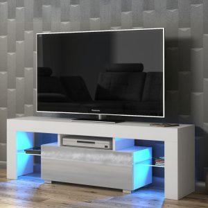 130cm White Matt & Grey Gloss TV Unit with Glass Shelves, Drop-Down Storage & Push-to-Open Doors