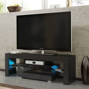 130cm Black Matt & Black Gloss TV Unit with Glass Shelves, Drop-Down Storage & Push-to-Open Doors