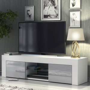 Modern 130cm White Matt & Grey Gloss TV Unit — Contemporary Media Cabinet with Push-to-Open Storage