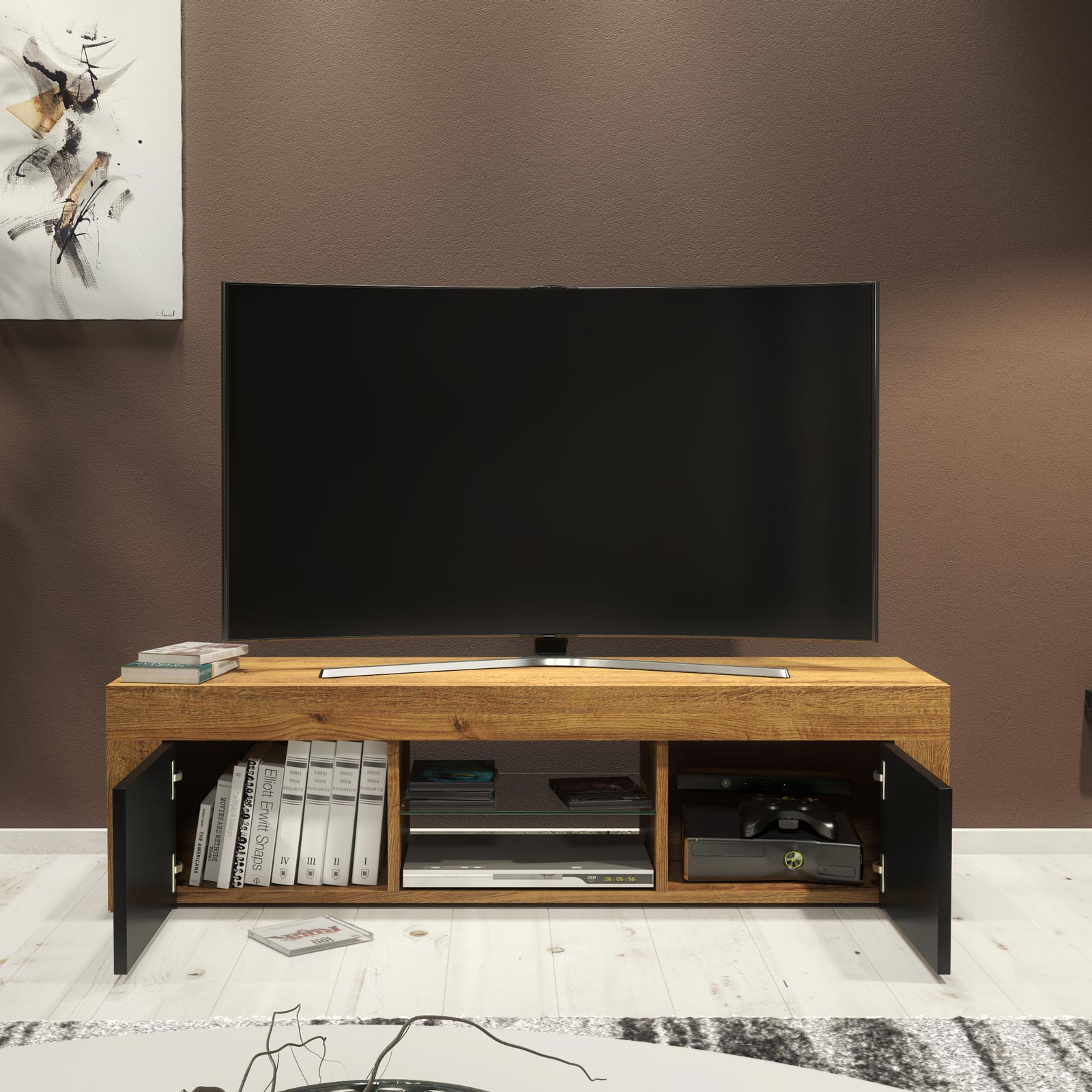 Modern 130cm Oak Matt & Black Matt TV Unit — Contemporary Media Cabinet with Push-to-Open Storage - Image 3