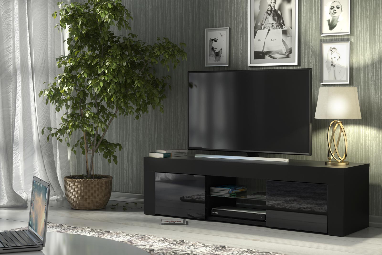 Modern 130cm Black Matt & Black Gloss TV Unit — Contemporary Media Cabinet with Push-to-Open Storage - Image 4