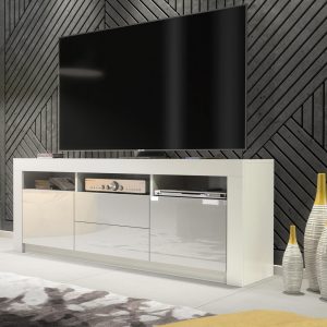 160cm Modern TV Unit White Matt & White Gloss, Push-to-Open Doors and Drawers, Media Storage Cabinet for Living Room