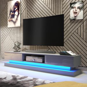 180cm Modern TV Unit Grey Matt & Grey Gloss with Free LED Light, Push-to-Open Drop-Down Doors, Media Storage Cabinet