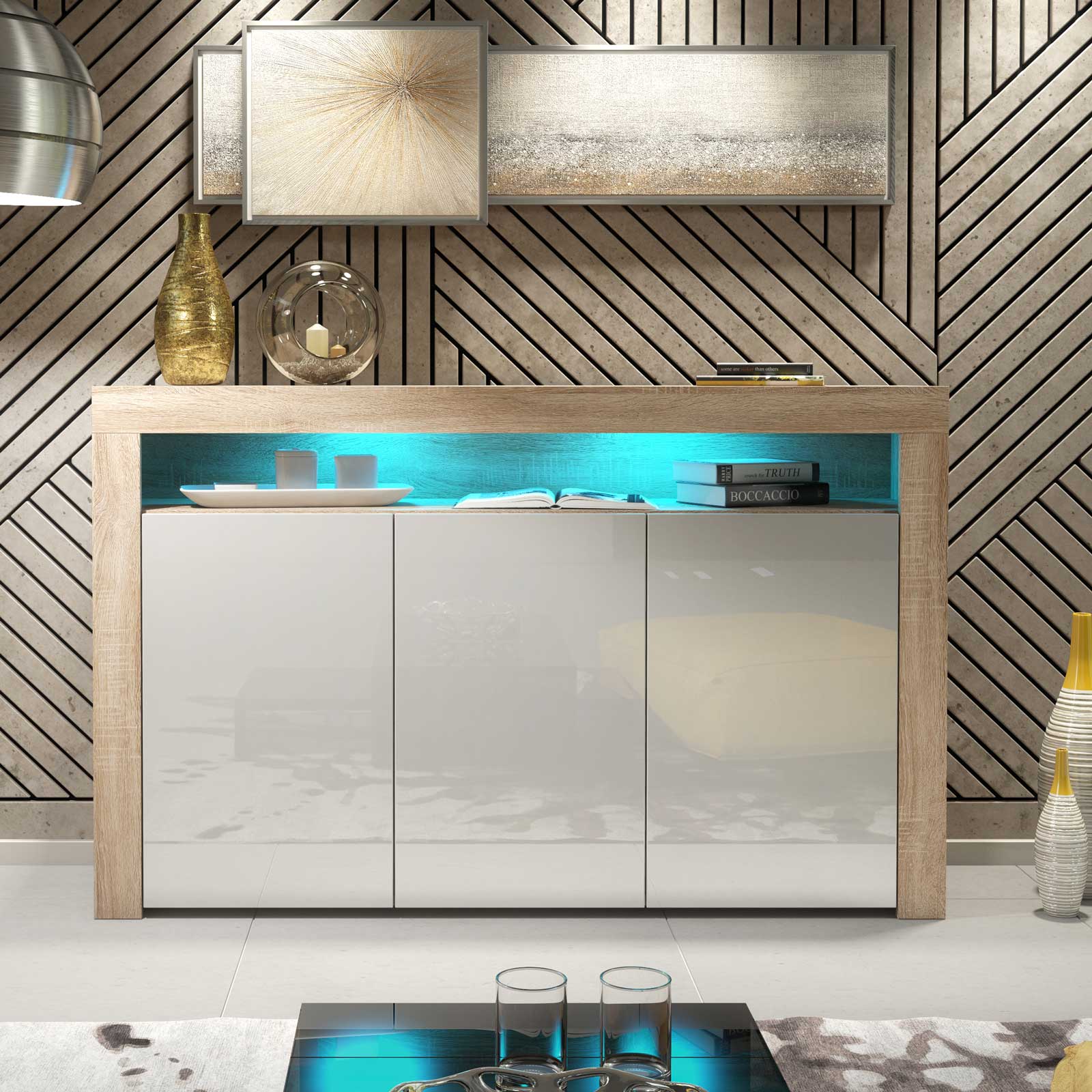155cm Modern Sideboard Oak Effect & White Gloss with Free LED Lights, 3 Push-to-Open Doors, Contemporary Storage Cabinet for Living Room - Image 2