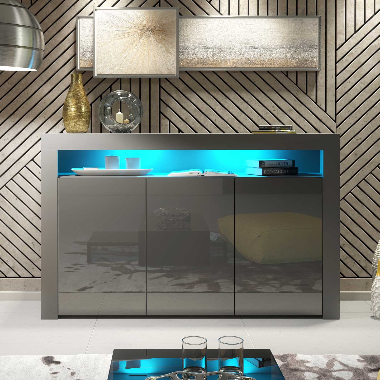 155cm Modern Sideboard Grey Matt & Grey Gloss, 3 Push-to-Open Doors, Free LED Lights, Contemporary Storage Cabinet for Living Room - Image 2