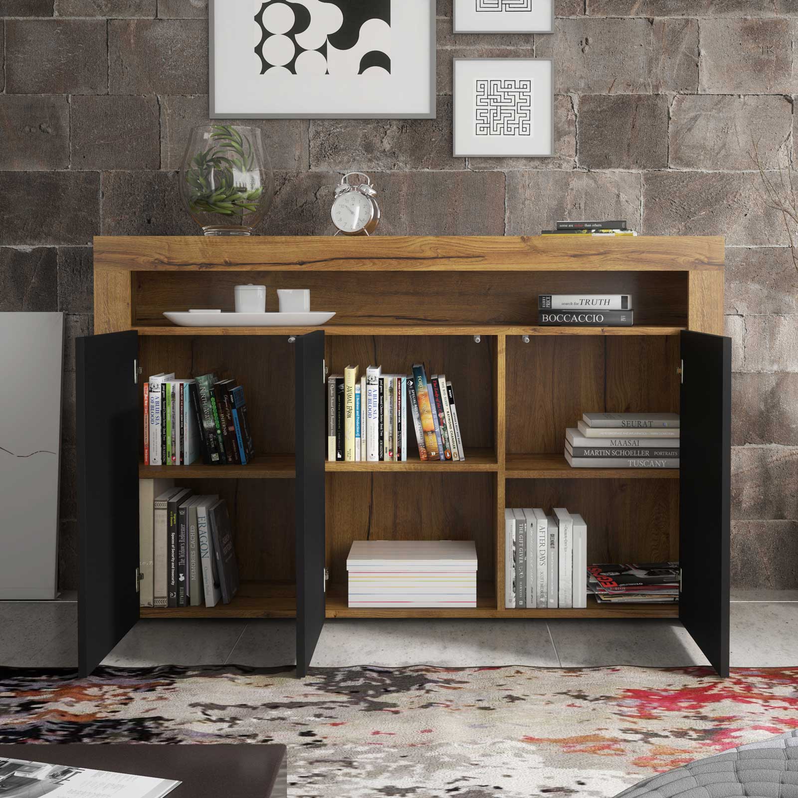 155cm Modern Sideboard Oak Matt & Black Matt, 3 Push-to-Open Doors, Contemporary Storage Cabinet for Living Room - Image 3