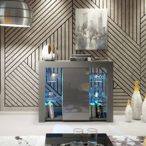 97cm Modern Sideboard Grey Matt & Grey Gloss with Free LED Lights, Push-to-Open Door, Glass Display Cabinet – Living Room Storage Unit