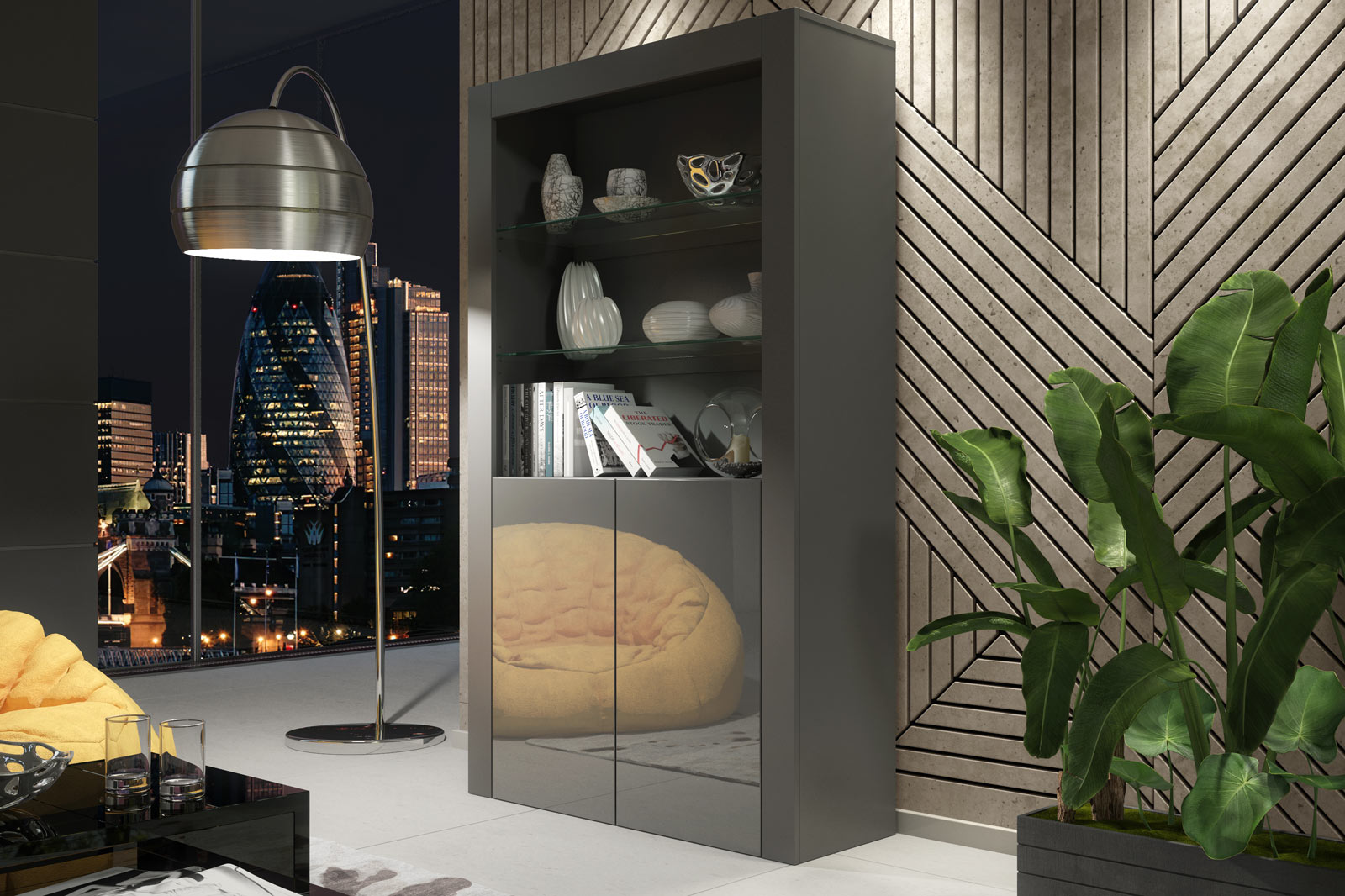 100cm Modern Display Cabinet Grey Matt & Grey Gloss, Push-to-Open Doors, Glass Shelves – Living Room Storage Unit - Image 5