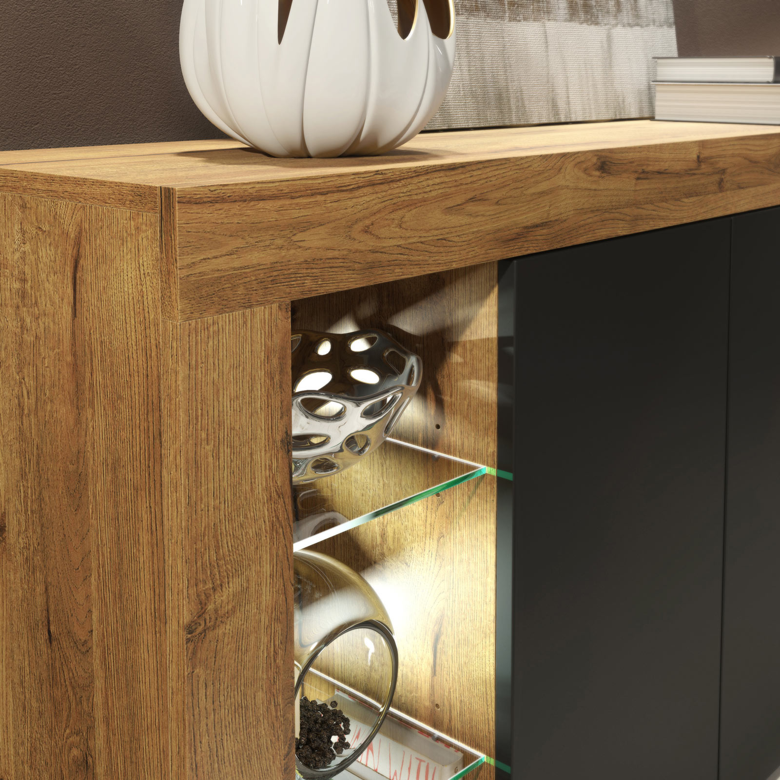 164cm Modern Sideboard Oak Matt & Black Matt with Free LED Lights – 3 Push-to-Open Doors, Glass Display Storage Cabinet - Image 4