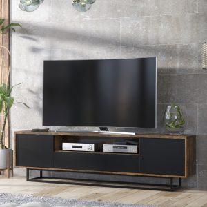 200cm Industrial TV Unit – Oak Matt Body & Black Fronts with Drawer, Push-to-Open Media Cabinet