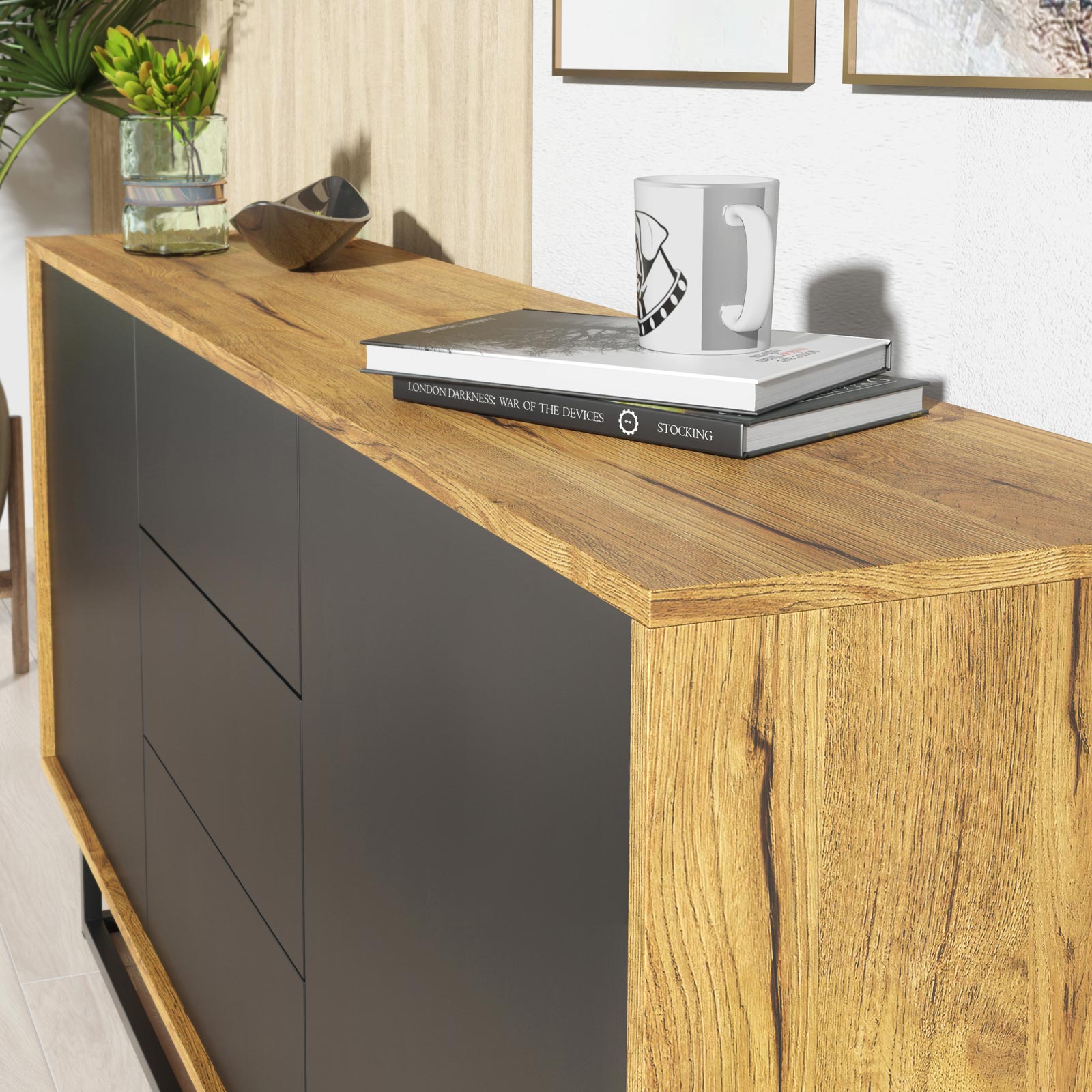 140cm Industrial Oak & Black Sideboard with Black Metal Frame – 2 Push-to-Open Doors & 3 Drawers, Modern Storage Cabinet - Image 4