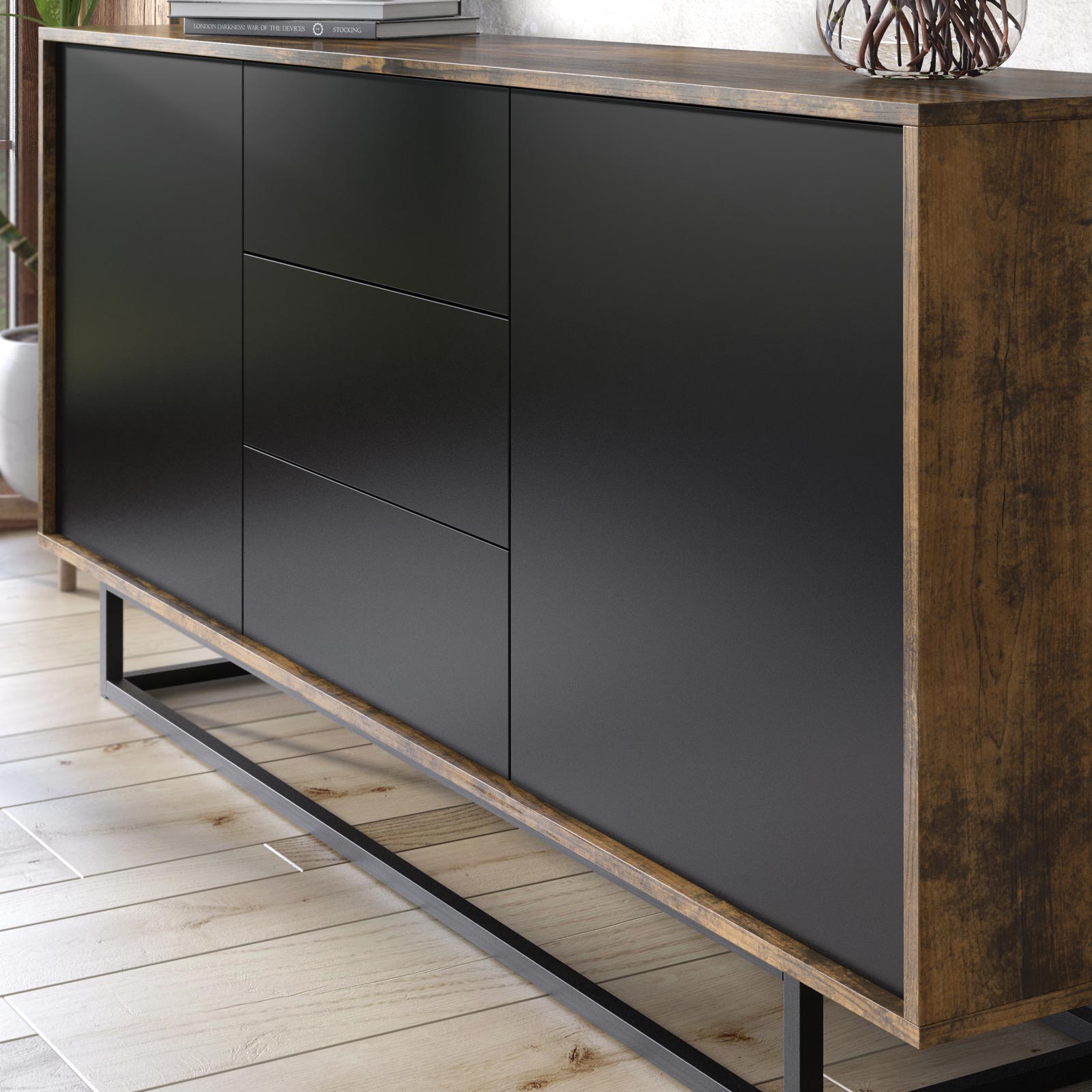 140cm Industrial Oak & Black Sideboard with Black Metal Frame – 2 Push-to-Open Doors & 3 Drawers, Modern Storage Cabinet - Image 4